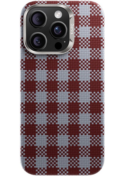 iPhone 16 Pro Kılıf M-Safe Şarj Özellikli Ekose Tasarımlı Benks Armorvichy Kevlar Kapak Kırmızı