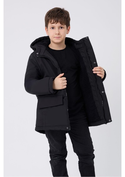 Spor Erkek Spor Çocuk Kürklü Su ve Rüzgar Geçirmez Kapüşonlu 3 Cep Mont & Kaban & Parka