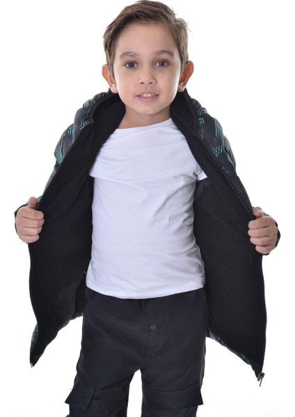 Spor Erkek Çocuk Dijital Desen Polar Su ve Rüzgar Geçirmez Kapüşonlu Mont modelleri