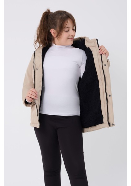 Spor Kız Spor Çocuk Kürklü Su ve Rüzgar Geçirmez Kapüşonlu 3 Cep Mont & Kaban & Parka