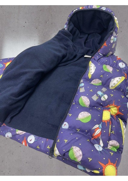 Spor Kız Spor Çocuk Polarlı Kapüşonlu Ufo Desenli Mont & Kaban & Parka modelleri