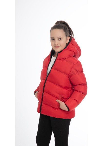 Spor Kız Çocuk Polarlı Kapüşonlu Su Geçirmez Rüzgara Dayanıklı Cepli Mont