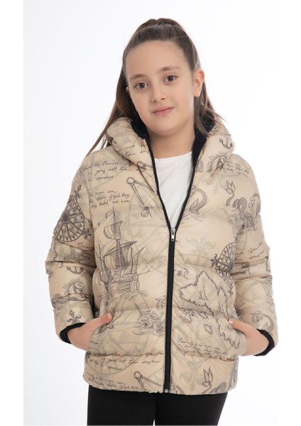 Spor Kız Spor Çocuk Pusula Desen Polar Su ve Rüzgar Geçirmez Kapüşonlu Cepli Mont