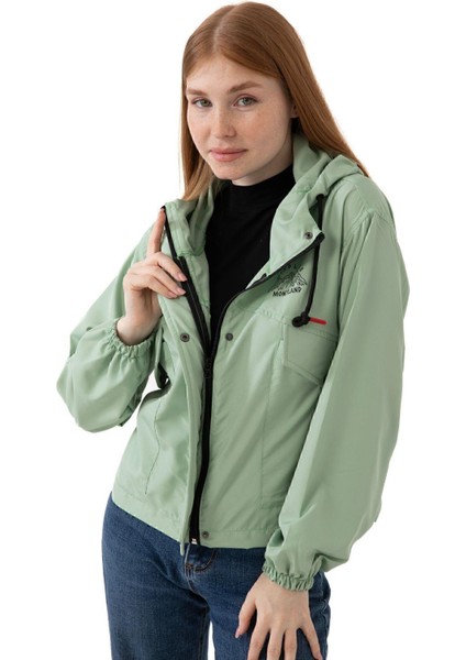 Spor Kadın Su Geçirmez ve Rüzgara Dayanıklı Kapüşonlu Cepli Çıt Çıtlı Mevsimlik Yağmurluk