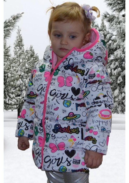Spor Kız Spor Çocuk Polarlı Kapüşonlu Girls Yazılı Kelebek Desenli Mont & Kaban & Parka