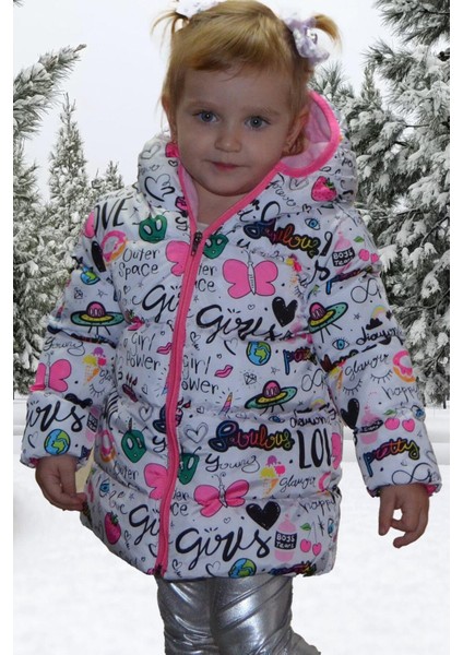 Spor Kız Spor Çocuk Polarlı Kapüşonlu Girls Yazılı Kelebek Desenli Mont & Kaban & Parka