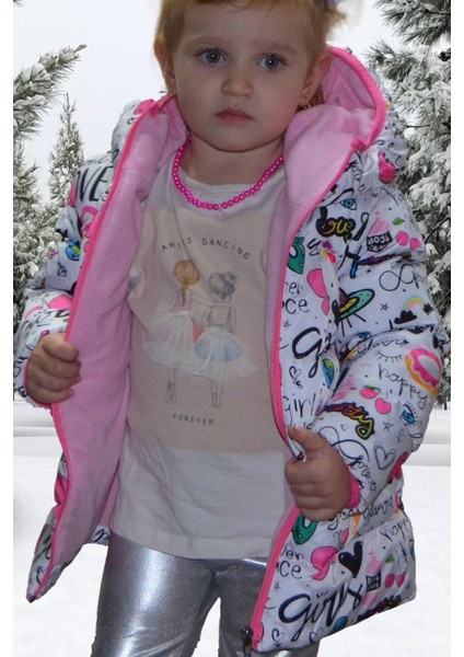 Spor Kız Spor Çocuk Polarlı Kapüşonlu Girls Yazılı Kelebek Desenli Mont & Kaban & Parka