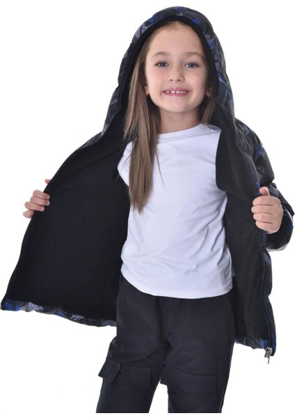Spor Kız Spor Çocuk Dijital Desen Polar Su ve Rüzgar Geçirmez Kapüşonlu Mont