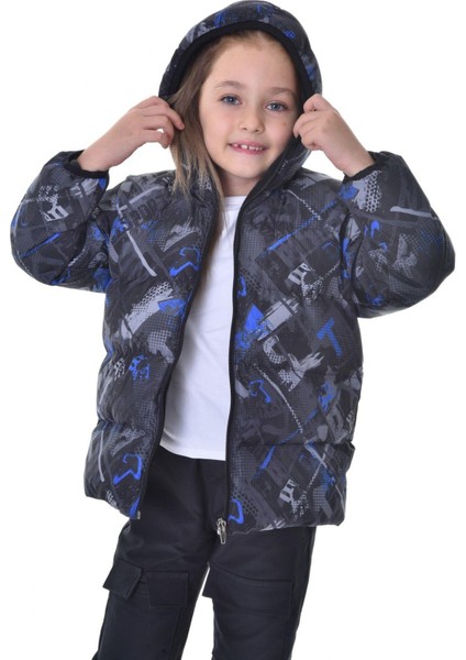 Spor Kız Spor Çocuk Dijital Desen Polar Su ve Rüzgar Geçirmez Kapüşonlu Mont