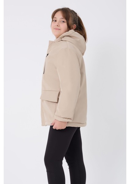 Spor Kız Spor Çocuk Kürklü Su ve Rüzgar Geçirmez Kapüşonlu 3 Cep Mont & Kaban & Parka