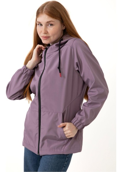 Spor Kadın Astarlı Su Geçirmez ve Rüzgara Dayanıklı Kapüşonlu Cepli Yağmurluk - Rüzgarlık