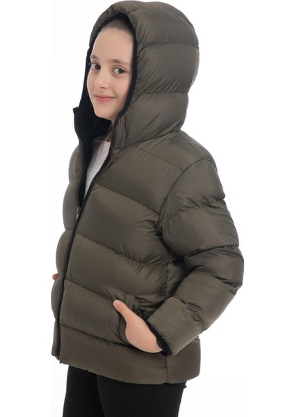 Spor Kız Spor Çocuk Polarlı Kürklü Kapüşonlu Su Geçirmez Rüzgara Dayanıklı Cepli Mont