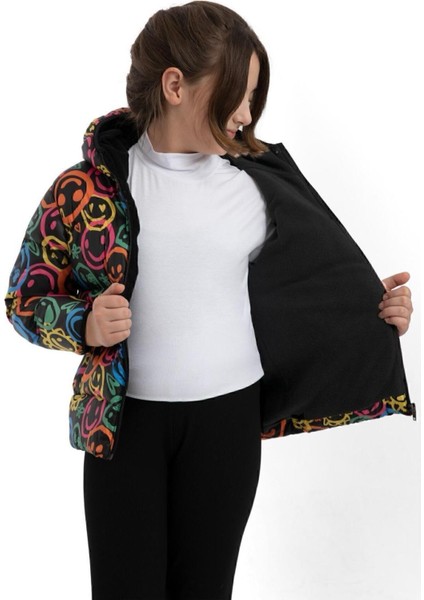 Spor Kız Çocuk Gülen Emoji Polarlı Kürklü Su Ve Rüzgar Geçirmez Kapüşonlu Cepli Mont