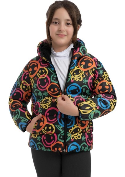 Spor Kız Çocuk Gülen Emoji Polarlı Kürklü Su Ve Rüzgar Geçirmez Kapüşonlu Cepli Mont fiyatları