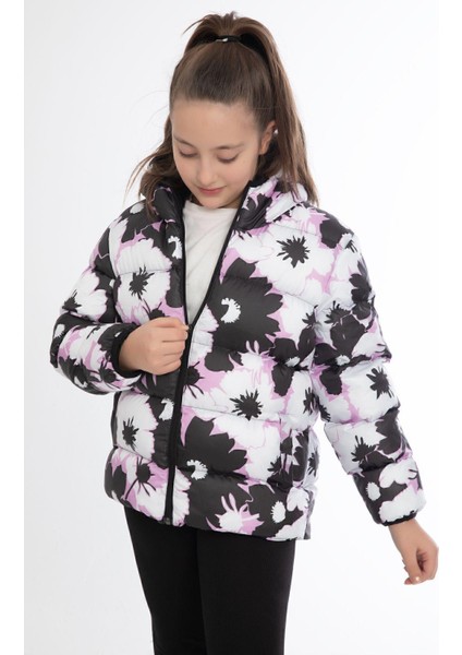 Spor Kız Çocuk Pusula Desen Polar Su Ve Rüzgar Geçirmez Kapüşonlu Cepli Mont