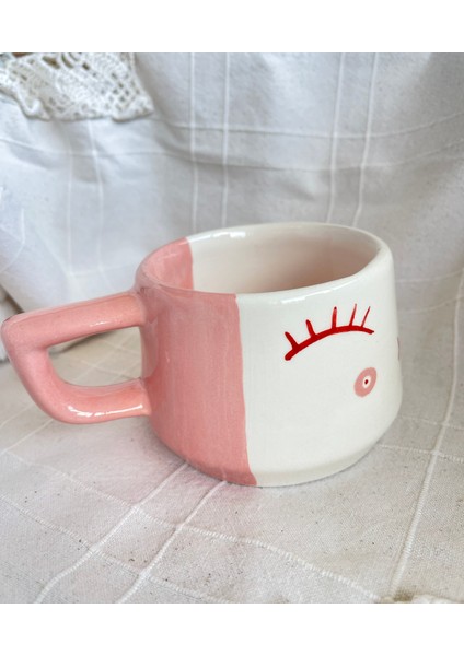 Pembe Göz Detaylı Büyük Boy Kahve Kupası