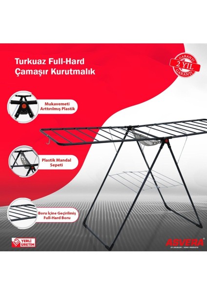 Safir Serisi - Turkuaz Full-Hard Borulu Çamaşır Kurutmalık - Dayanıklı Çamaşır Kurutma Askısı