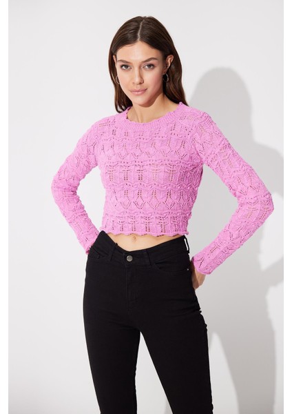 Pembe Sırt Dekolteli Bisiklet Yaka Triko Kazak