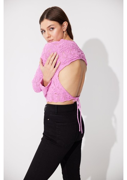 Pembe Sırt Dekolteli Bisiklet Yaka Triko Kazak modelleri