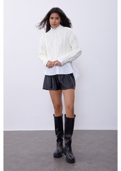 Krem Örgü Desenli Kısa Kazak fiyatları