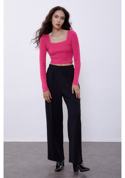 Fuşya Uzun Kollu Crop Triko Kazak SWK4500FU fiyatları