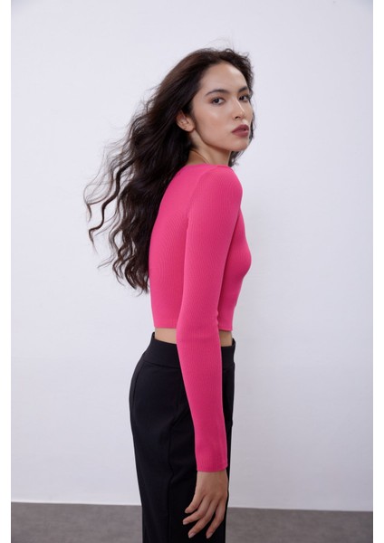 Fuşya Uzun Kollu Crop Triko Kazak SWK4500FU fırsatları