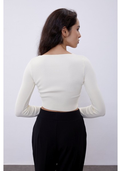Ekru Uzun Kollu Crop Triko Kazak SWK4500EK