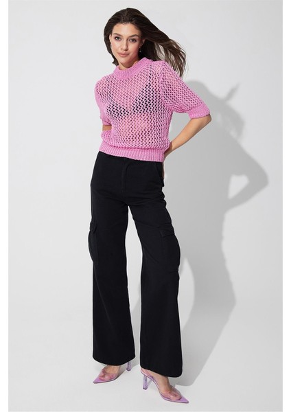 Pembe Bisiklet Yaka Ajurlu Kazak SS23K4705PE fiyatları