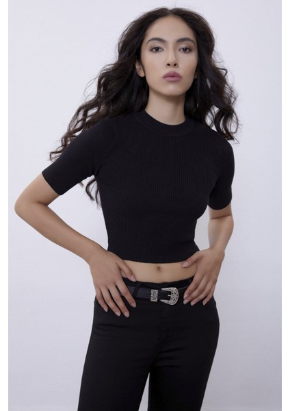 Siyah Yarım Kollu Bisiklet Yaka Triko Kazak