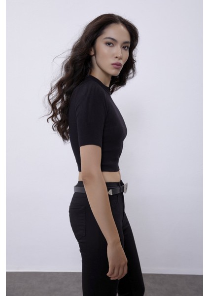 Siyah Yarım Kollu Bisiklet Yaka Triko Kazak modelleri