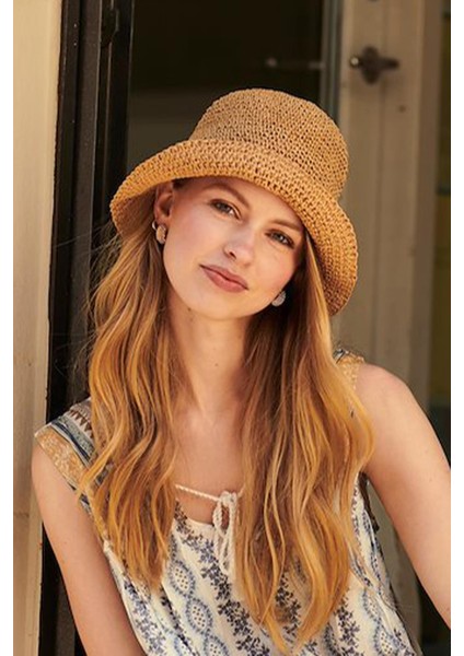 Kadın Hasır Bucket Şapka Naturel Ayarlanabilir Kova Plaj Şapkası Camel