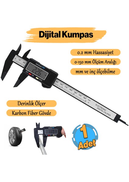Dijital Kumpas Plastik Çene 150 mm LCD Ekran Lastik Derinlik Çap Ölçme 0.2 mm Hassasiyet Inç Ölçüm