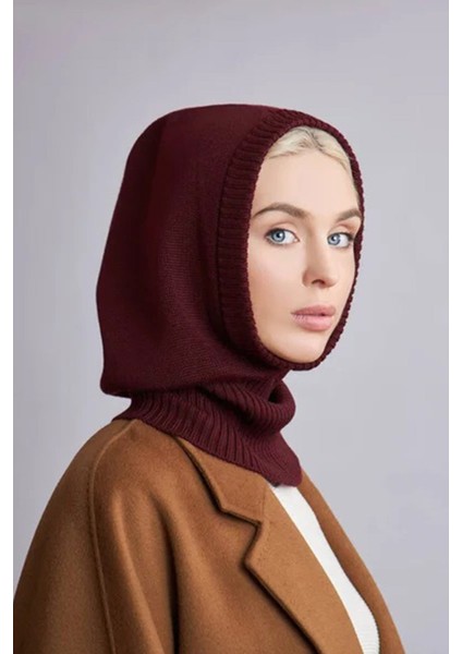 Balaclava Kadın Triko Kar Maskesi Bere Boyunluk Bordo