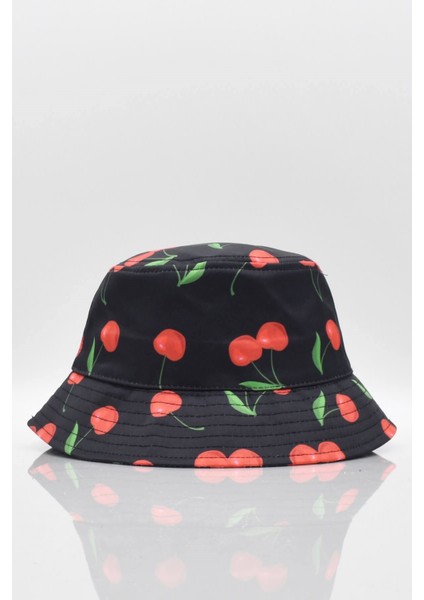 Kiraz Desenli Kova Balıkçı Şapka Bucket Hat-Siyah