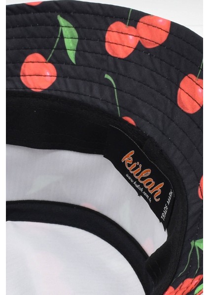 Kiraz Desenli Kova Balıkçı Şapka Bucket Hat-Siyah