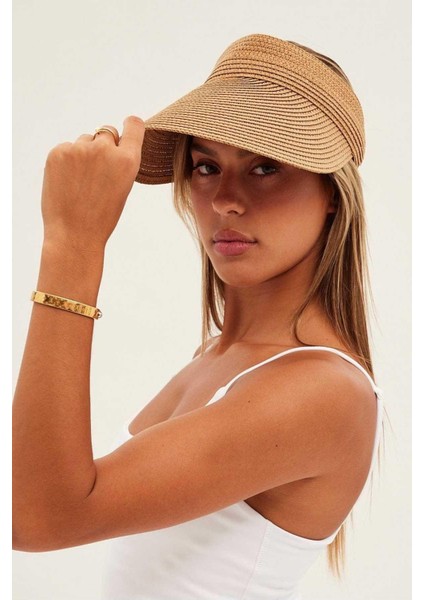 Kadın Geniş Siperli Vizör Hasır Plaj Şapkası Camel