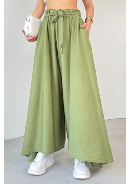 PNT-07410 Mint Yeşili Dokuma Kuşaklı Şalvar Etek Pantolon