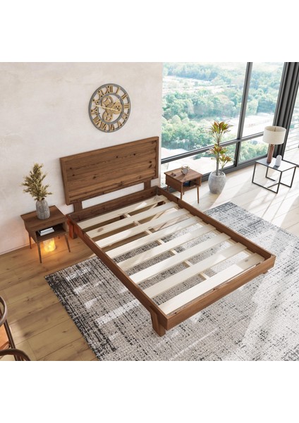 Hüma Model Ceviz Renk Çam Ahşap Karyola ( Yatay )