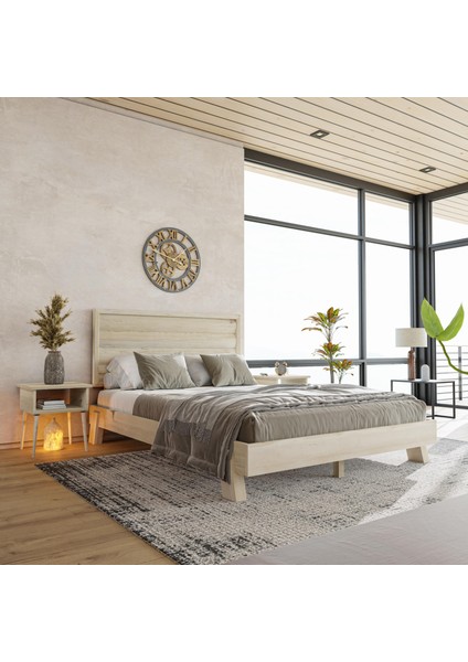 Hüma Model Doğal Çam Ahşap Karyola ve Iki Komodin Set ( Yatay )