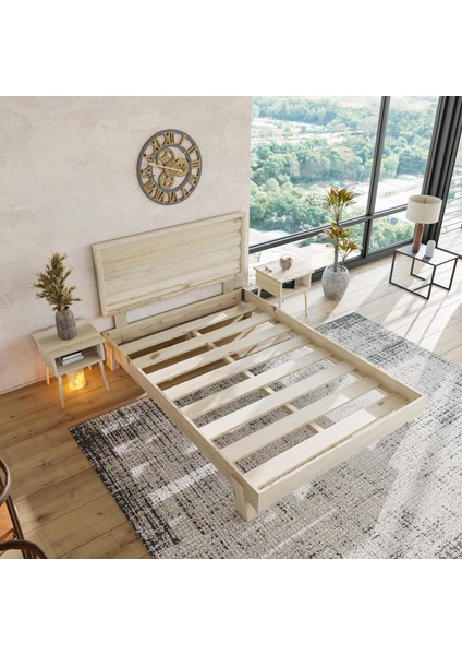 Hüma Model Doğal Çam Ahşap Karyola ve Iki Komodin Set ( Yatay )