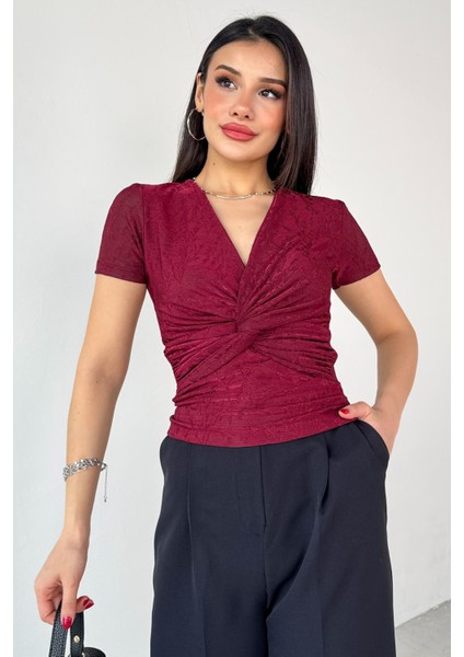 BLZ-13325 Bordo Önden Bağlama Detaylı V Yaka Bluz