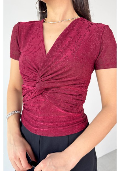 BLZ-13325 Bordo Önden Bağlama Detaylı V Yaka Bluz