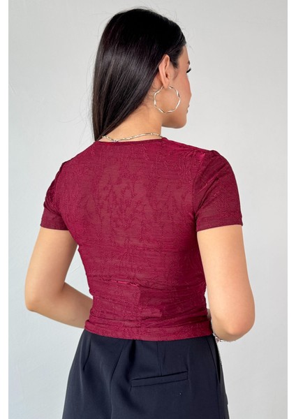 BLZ-13325 Bordo Önden Bağlama Detaylı V Yaka Bluz