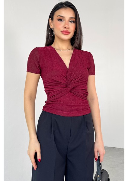 BLZ-13325 Bordo Önden Bağlama Detaylı V Yaka Bluz