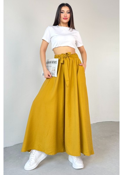 PNT-07410 Hardal Rengi Dokuma Kuşaklı Şalvar Etek Pantolon
