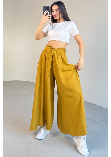 PNT-07410 Hardal Rengi Dokuma Kuşaklı Şalvar Etek Pantolon