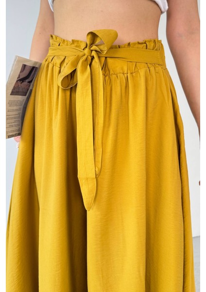 PNT-07410 Hardal Rengi Dokuma Kuşaklı Şalvar Etek Pantolon
