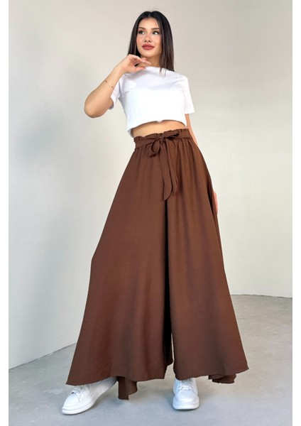 PNT-07410 Kahverengi Dokuma Kuşaklı Şalvar Etek Pantolon
