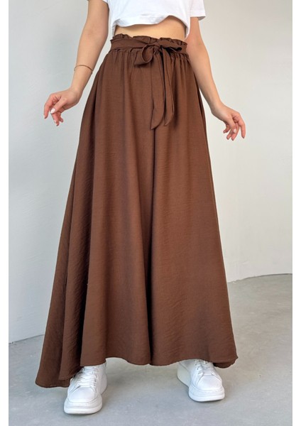 PNT-07410 Kahverengi Dokuma Kuşaklı Şalvar Etek Pantolon