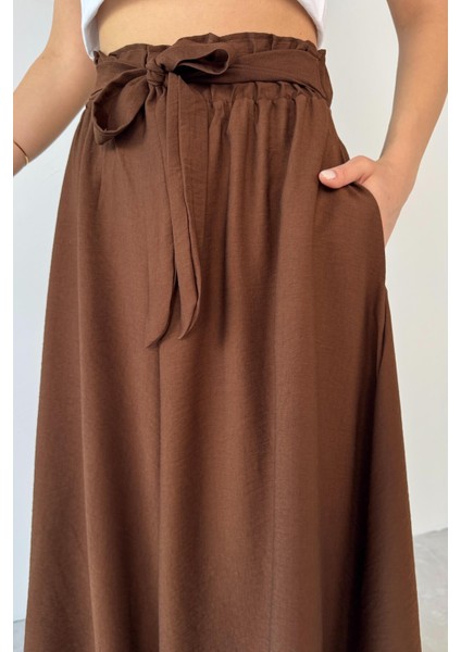 PNT-07410 Kahverengi Dokuma Kuşaklı Şalvar Etek Pantolon